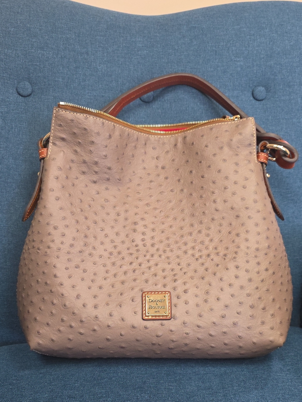 Dooney & Bourke Taupe Ostrich-Embossed Leather Shoulder Bag with Brown Handles